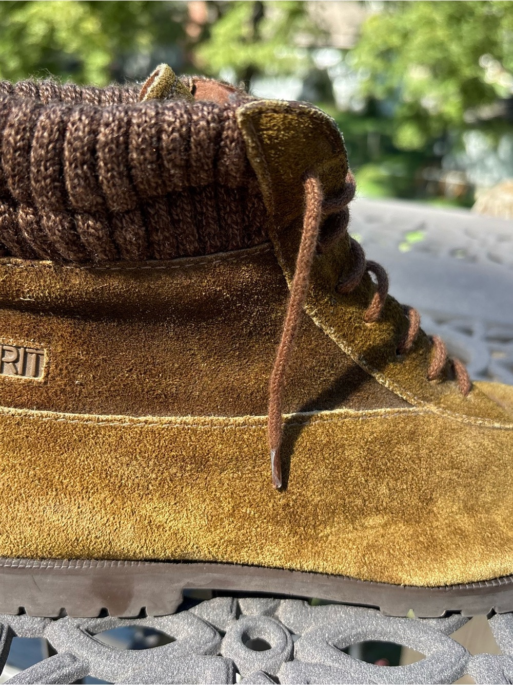Rare Vintage Esprit Suede Knit Cuff Lace Up Boots Olive Brown 7.5 Made in Brazil